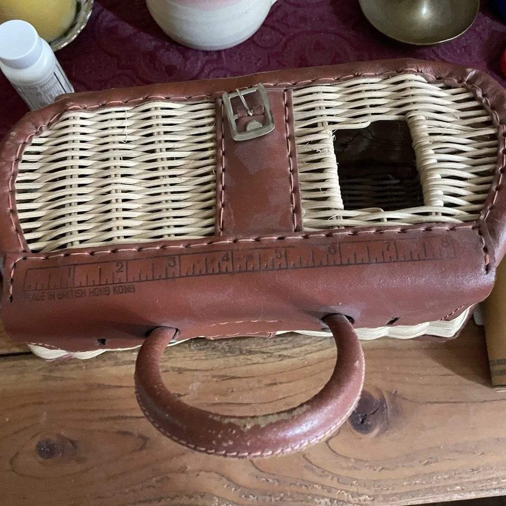 Vtg Wicker and Leather Creel Basket W/Pouch Made in British Hong Kong